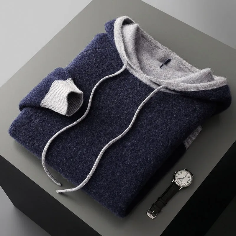 Knitted hooded pullover sweater coat in loose Korean style, available in purple velvet and elephant gray, winter casual wear for women.