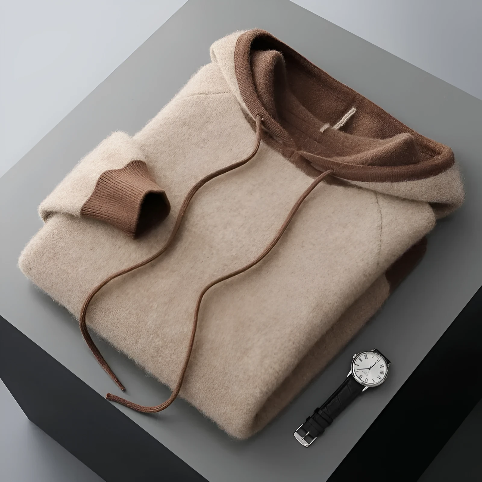 Knitted hooded pullover sweater coat in loose Korean style, available in purple velvet and elephant gray, winter casual wear for women.