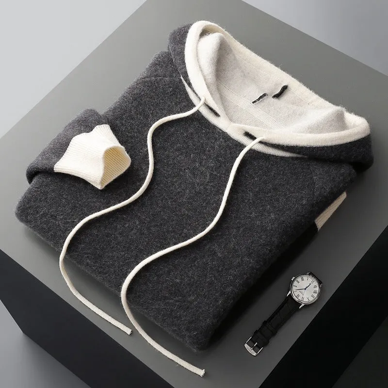 Knitted hooded pullover sweater coat in loose Korean style, available in purple velvet and elephant gray, winter casual wear for women.