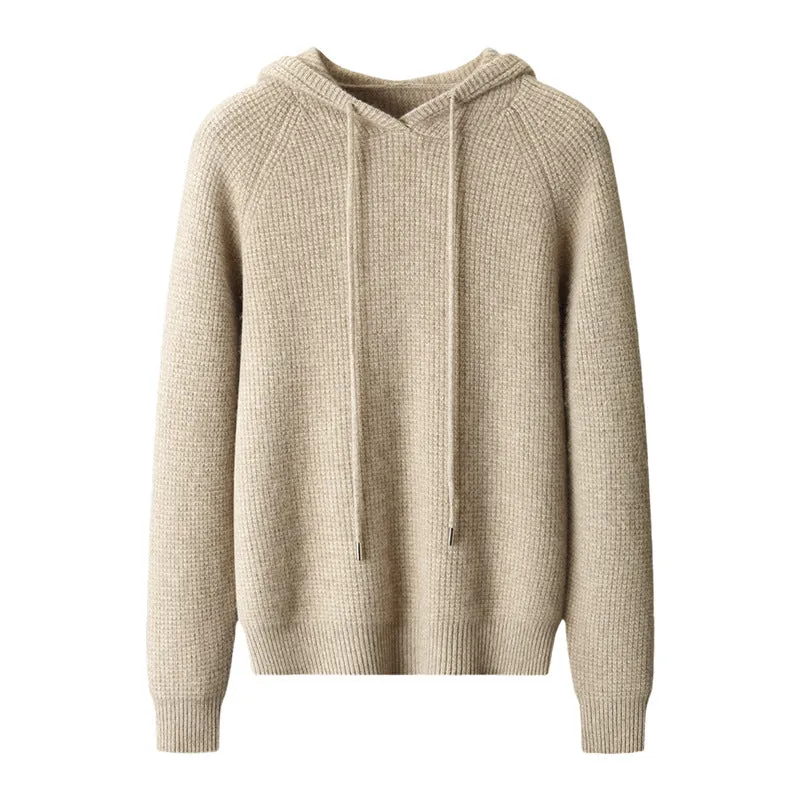 Hooded cashmere sweater in camel, loose fit, long sleeves, winter pullover on model