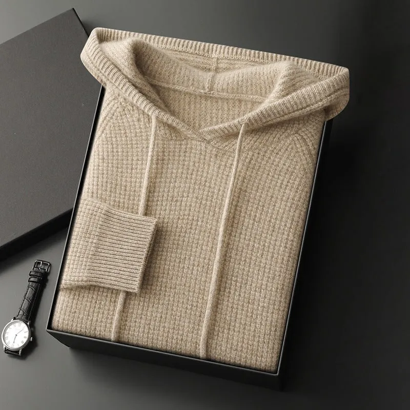 Hooded cashmere sweater in camel, loose fit, long sleeves, winter pullover on model