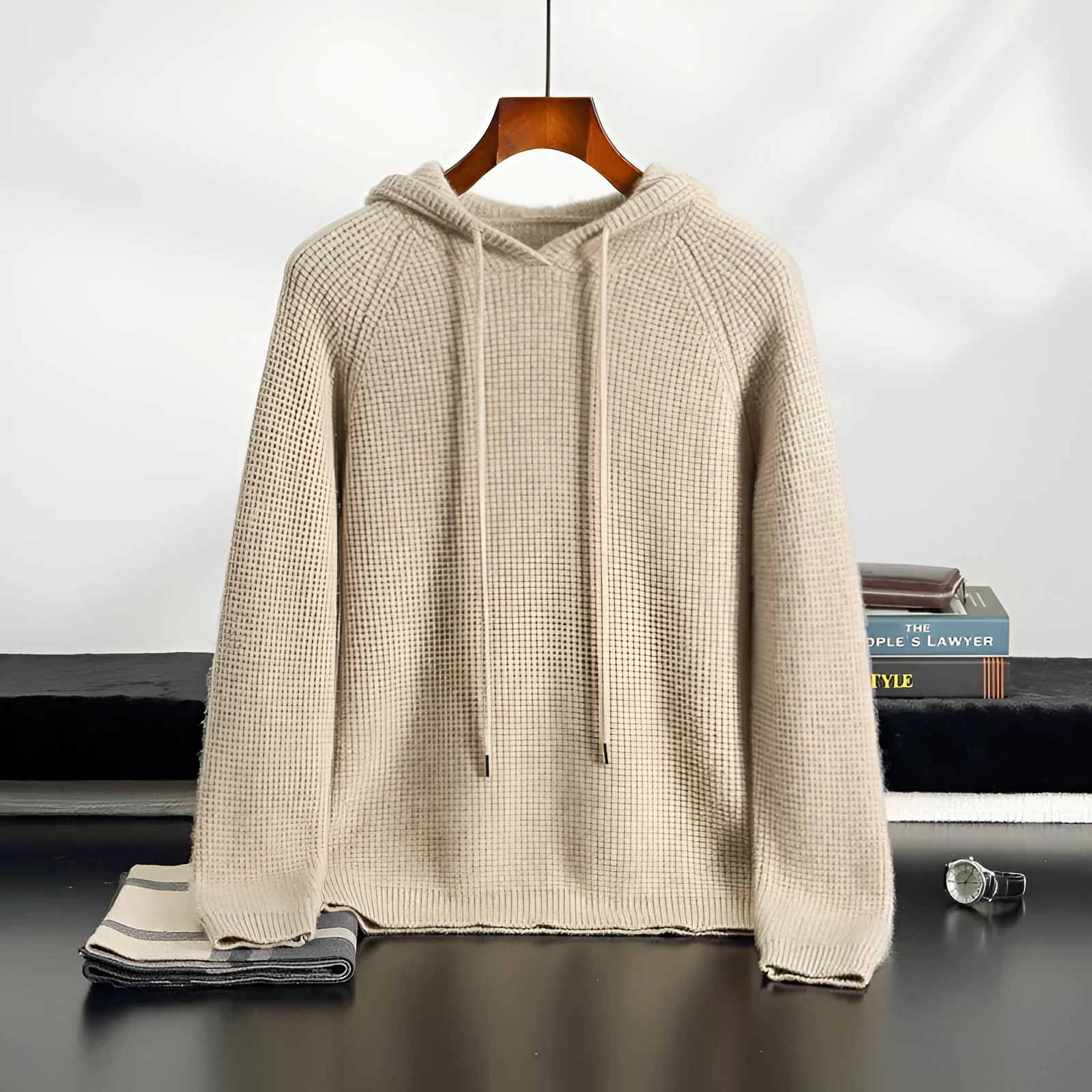 Hooded cashmere sweater in camel, loose fit, long sleeves, winter pullover on model