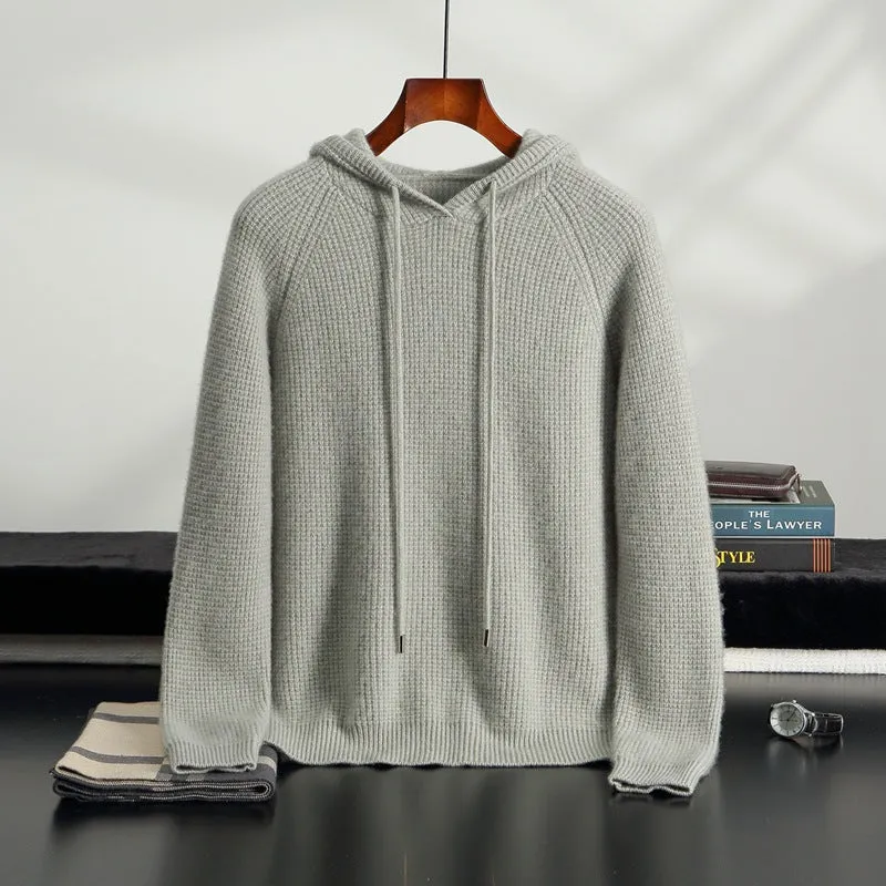 Hooded cashmere sweater in camel, loose fit, long sleeves, winter pullover on model