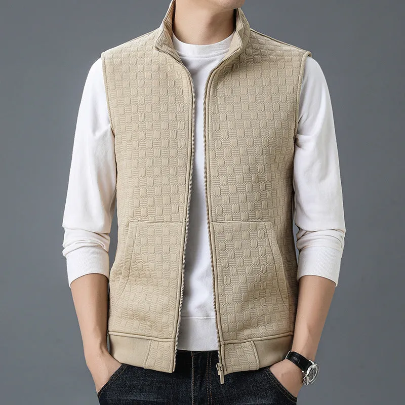 Sleeveless waistcoat vest in polyester blend fabric available in black, brown, grey, and khaki colours