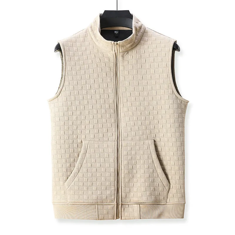 Sleeveless waistcoat vest in polyester blend fabric available in black, brown, grey, and khaki colours
