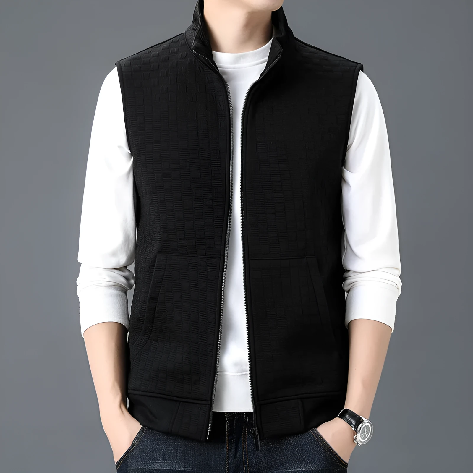 Sleeveless waistcoat vest in polyester blend fabric available in black, brown, grey, and khaki colours