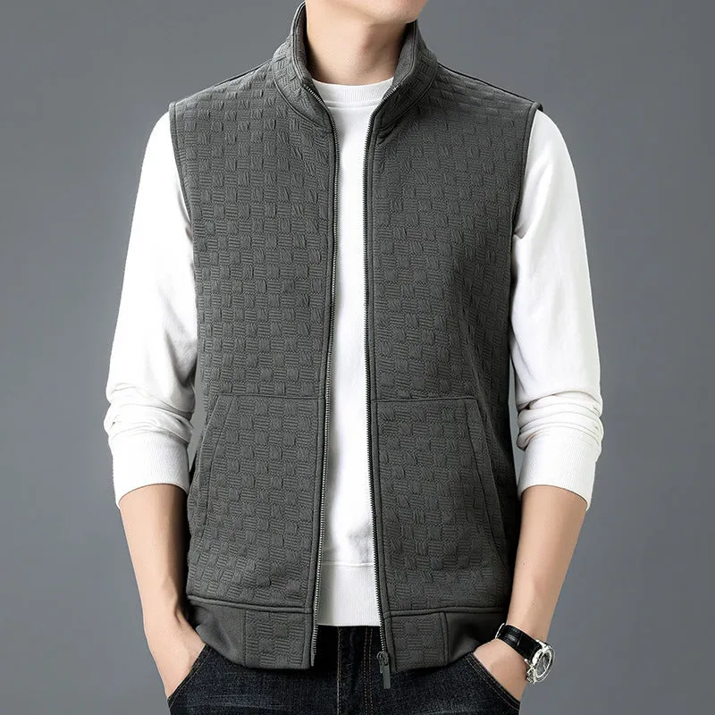 Sleeveless waistcoat vest in polyester blend fabric available in black, brown, grey, and khaki colours