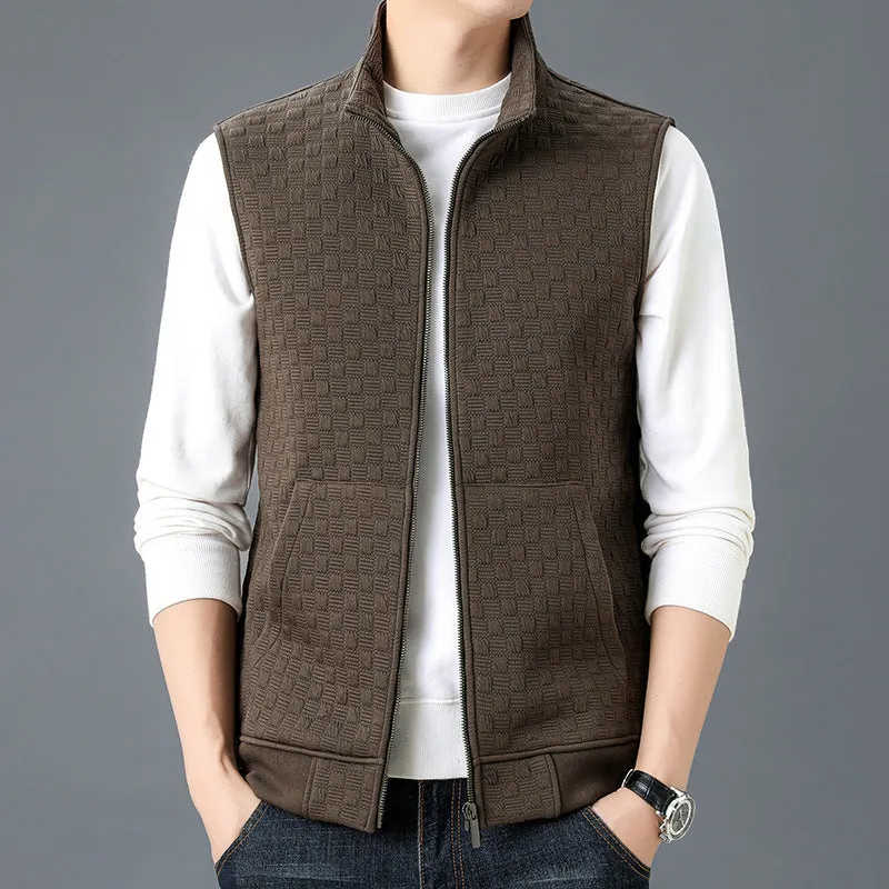 Sleeveless waistcoat vest in polyester blend fabric available in black, brown, grey, and khaki colours