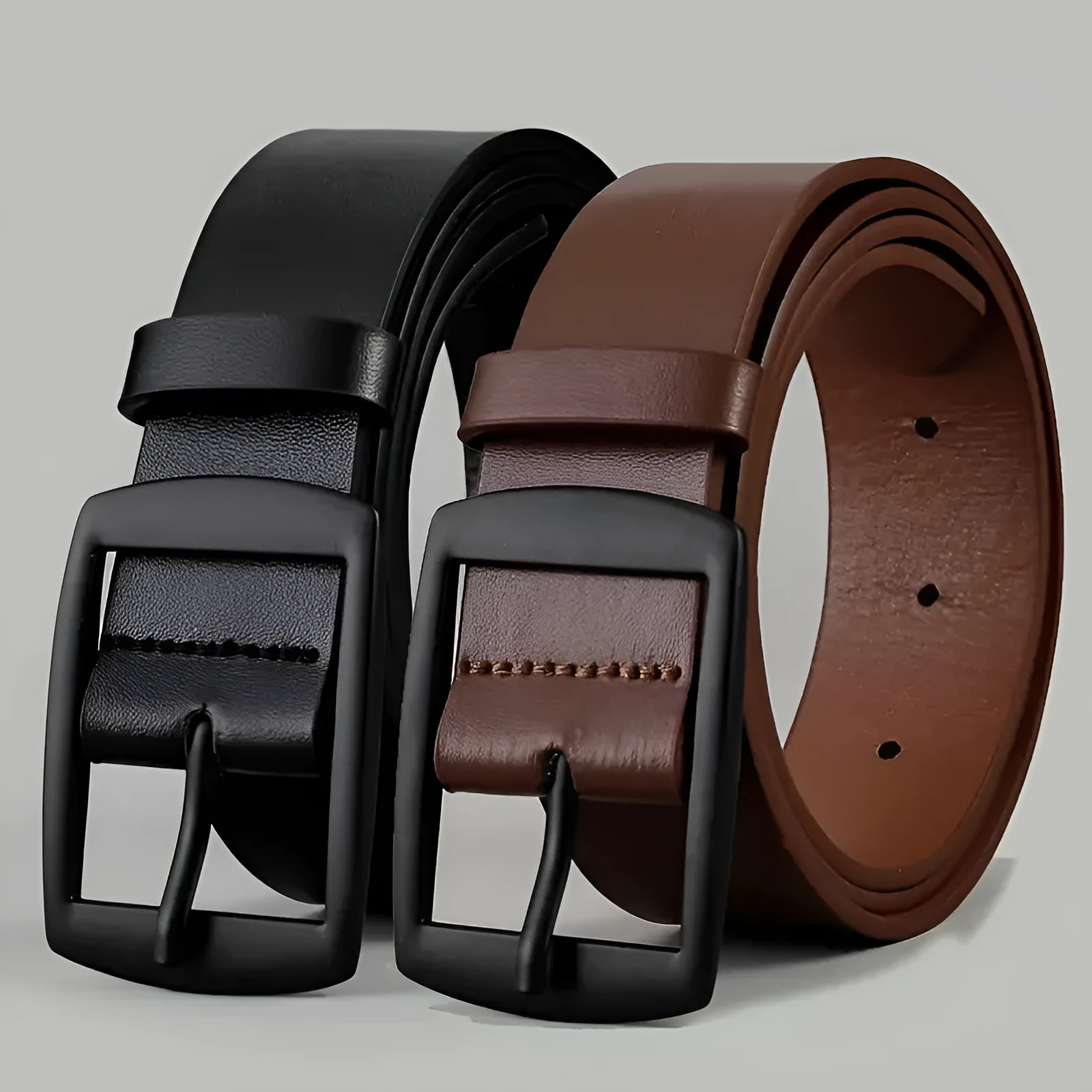 Men business casual imitation leather belt with alloy buckle, 120cm length, black buttons