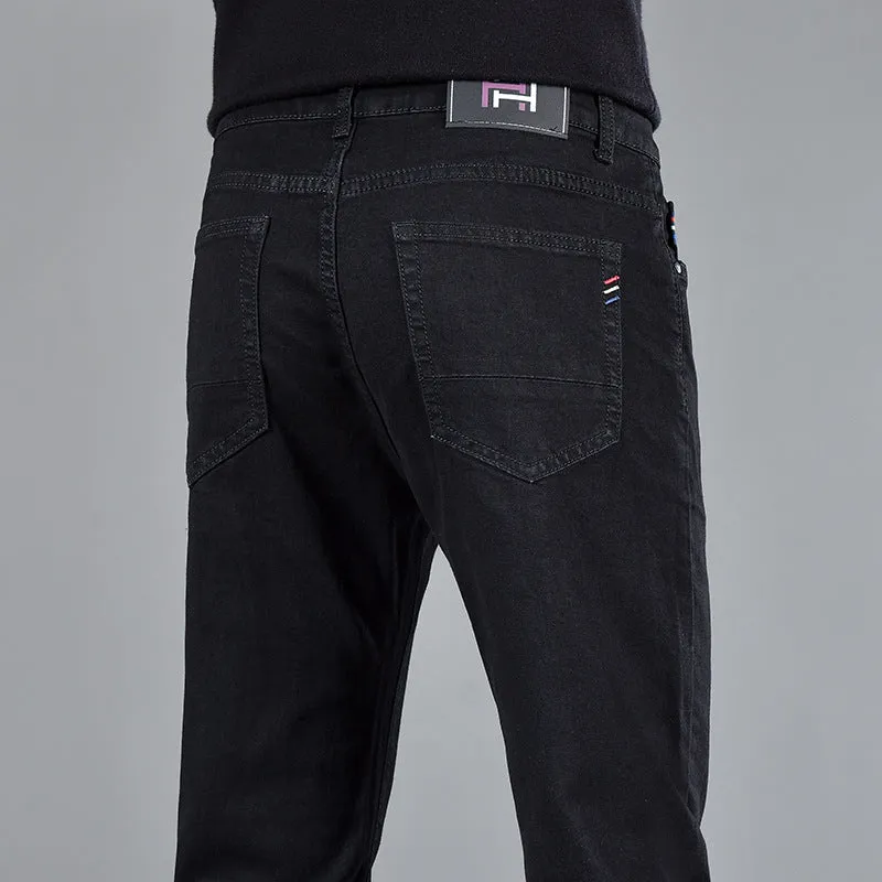 Men's slim fit youth casual straight-leg cotton jeans in black, mid waist, zipper fly, size 30