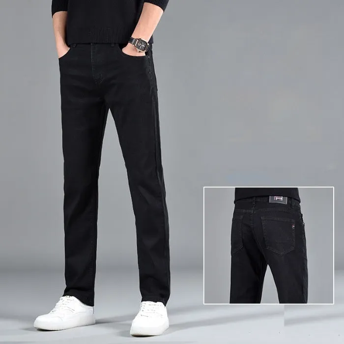 Men's slim fit youth casual straight-leg cotton jeans in black, mid waist, zipper fly, size 30