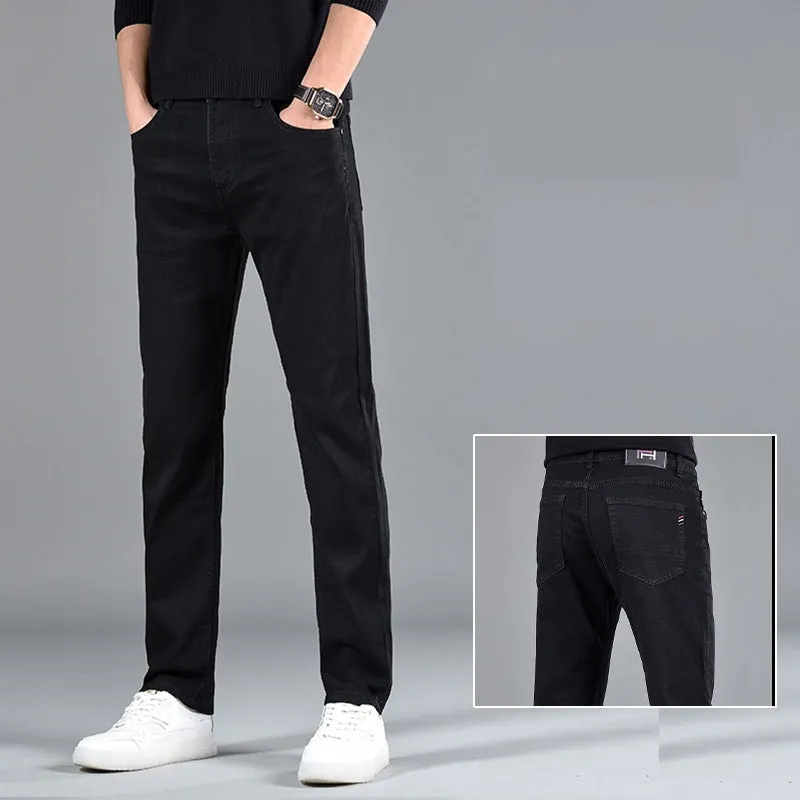 Men's slim fit youth casual straight-leg cotton jeans in black, mid waist, zipper fly, size 30
