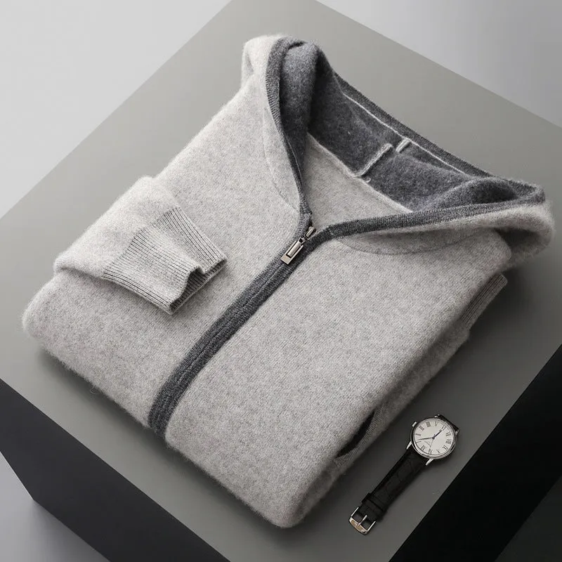 Casual zip-up hooded cashmere cardigan sweater in loose fit, available in white for youth