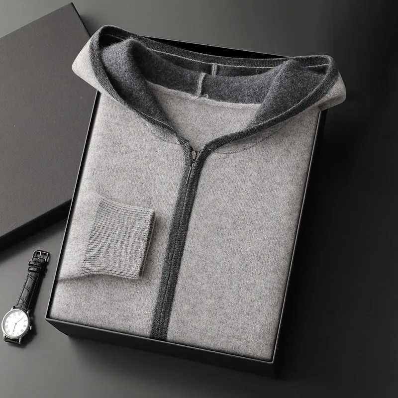 Casual zip-up hooded cashmere cardigan sweater in loose fit, available in white for youth