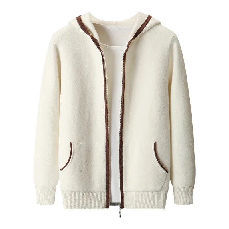 Casual zip-up hooded cashmere cardigan sweater in loose fit, available in white for youth