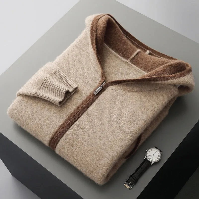 Casual zip-up hooded cashmere cardigan sweater in loose fit, available in white for youth