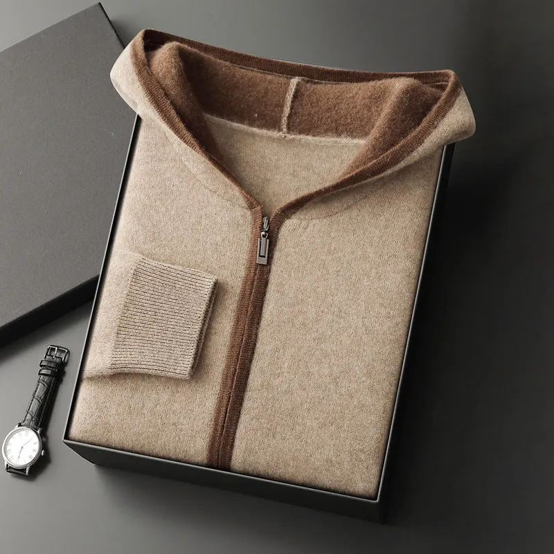 Casual zip-up hooded cashmere cardigan sweater in loose fit, available in white for youth