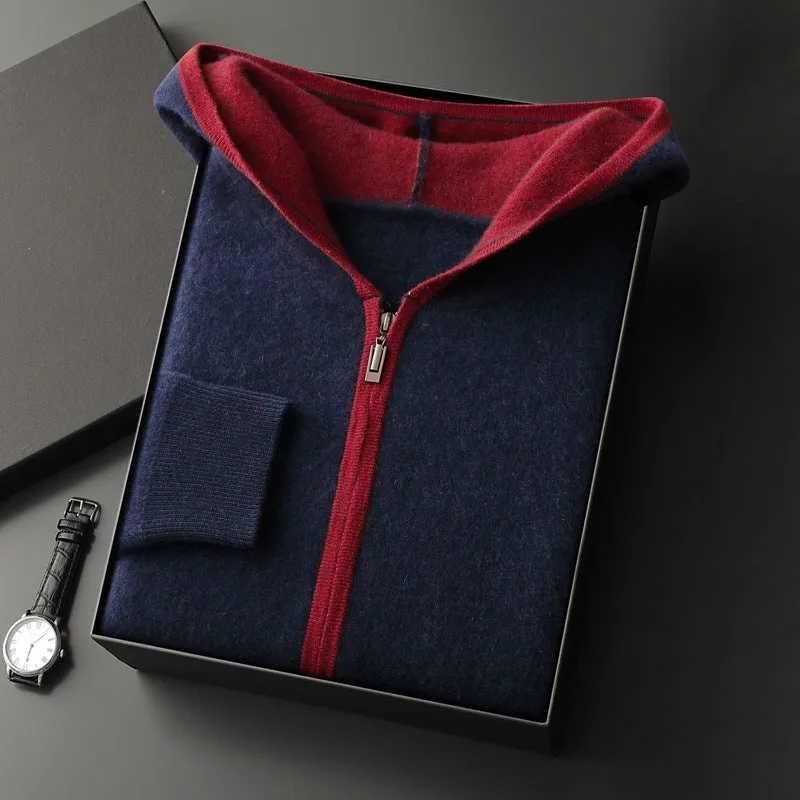 Casual zip-up hooded cashmere cardigan sweater in loose fit, available in white for youth