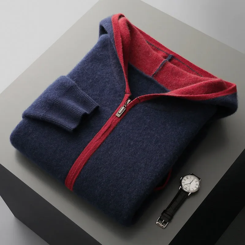 Casual zip-up hooded cashmere cardigan sweater in loose fit, available in white for youth