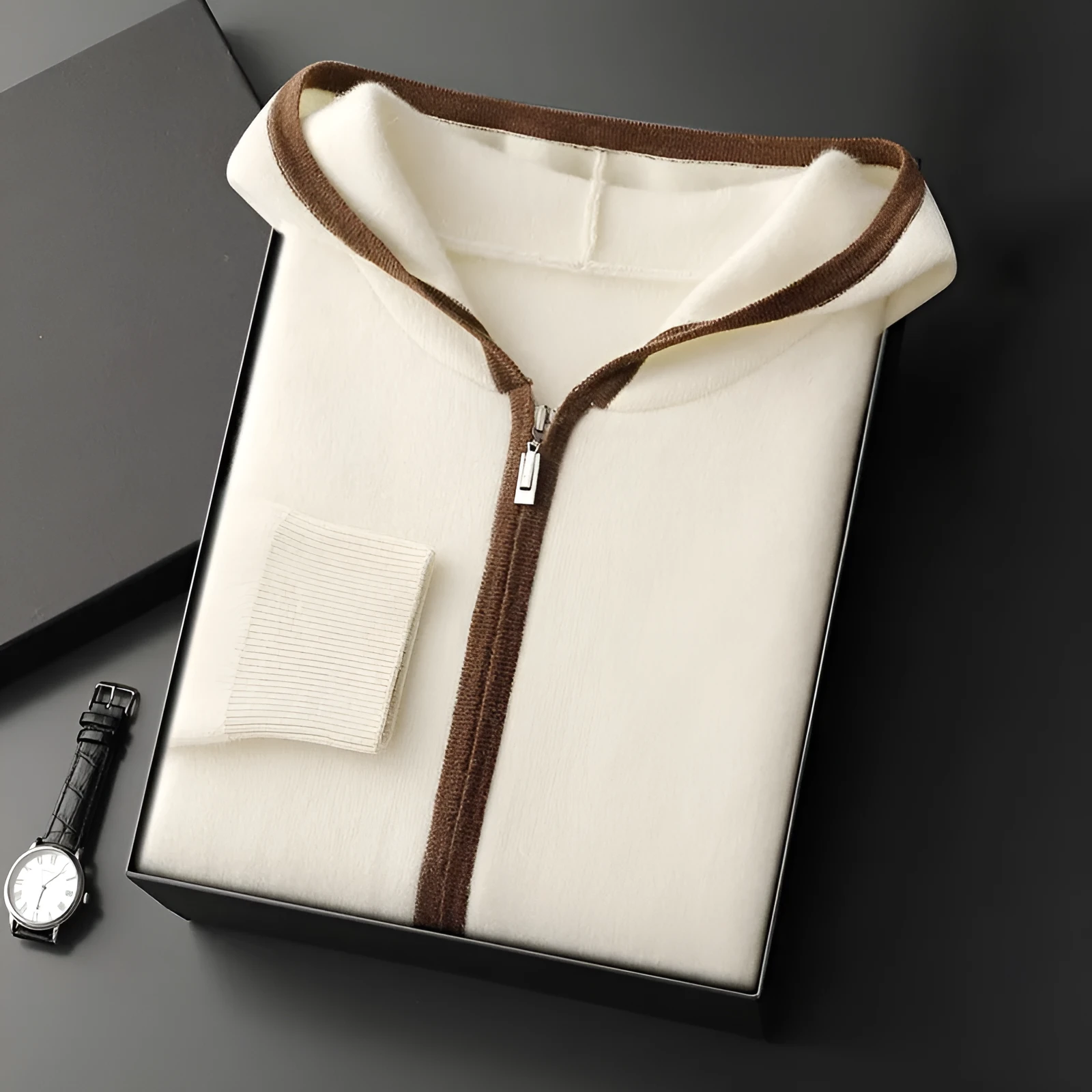 Casual zip-up hooded cashmere cardigan sweater in loose fit, available in white for youth