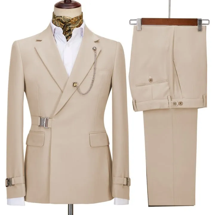 Men's fashion business casual suit in polyester, flat lapel collar, back vent, available in multiple colours