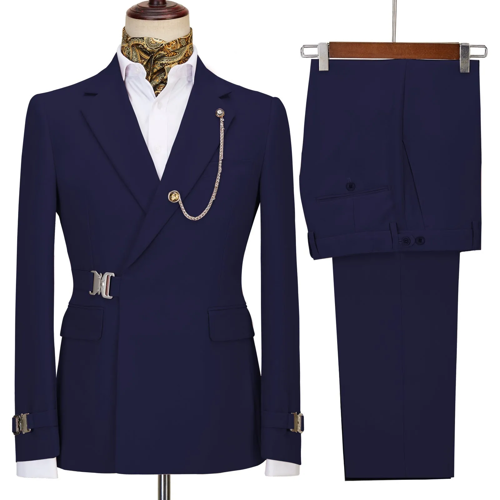 Men's fashion business casual suit in polyester, flat lapel collar, back vent, available in multiple colours