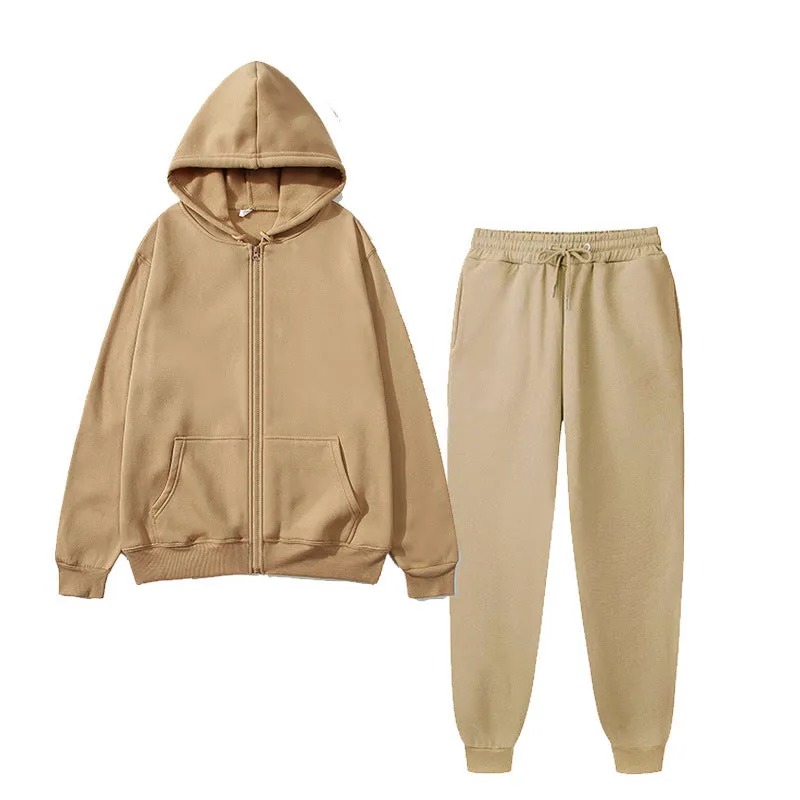 Men's solid colour sports fleece suit with long sleeve jacket and jogger pants in grey