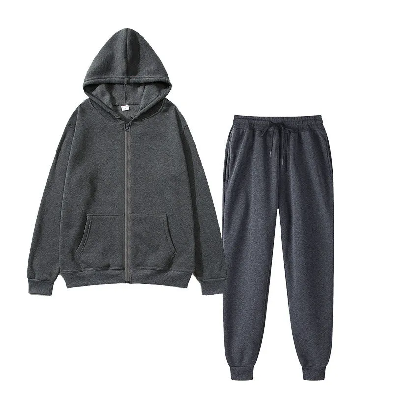 Men's solid colour sports fleece suit with long sleeve jacket and jogger pants in grey
