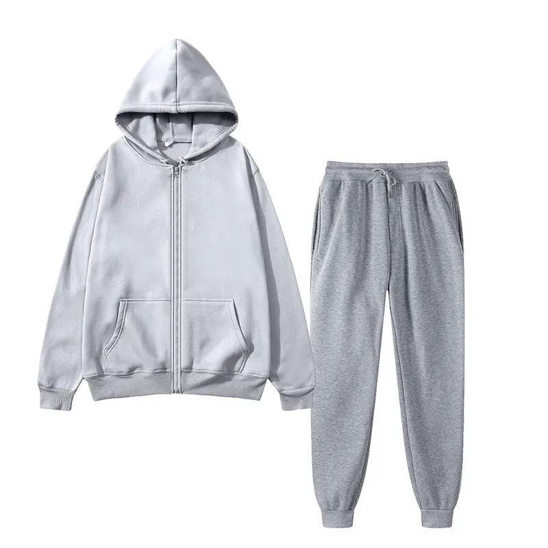 Men's solid colour sports fleece suit with long sleeve jacket and jogger pants in grey
