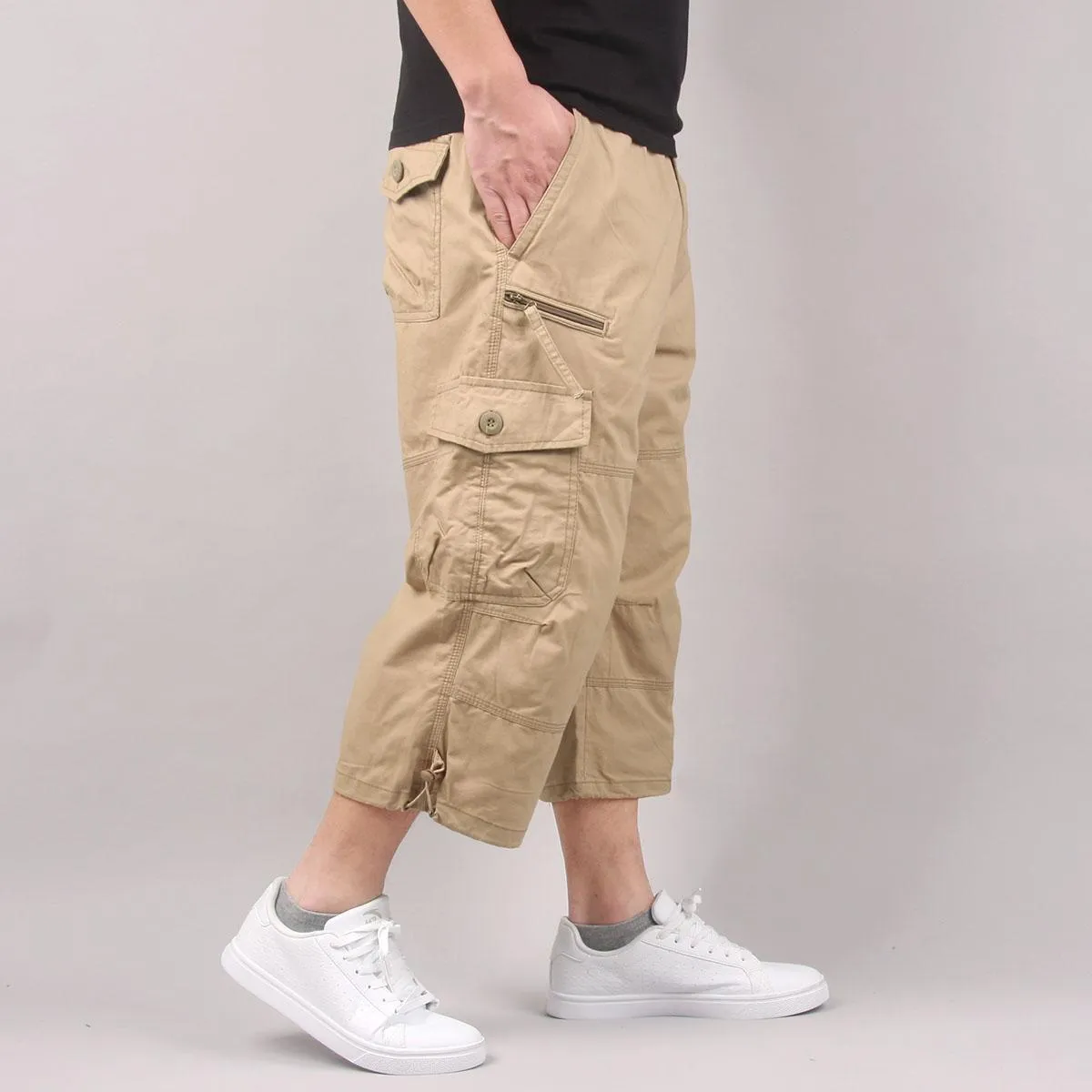 Men's cotton cropped casual pants in khaki colour with loose fit for sports activities