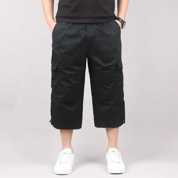 Men's cotton cropped casual pants in khaki colour with loose fit for sports activities