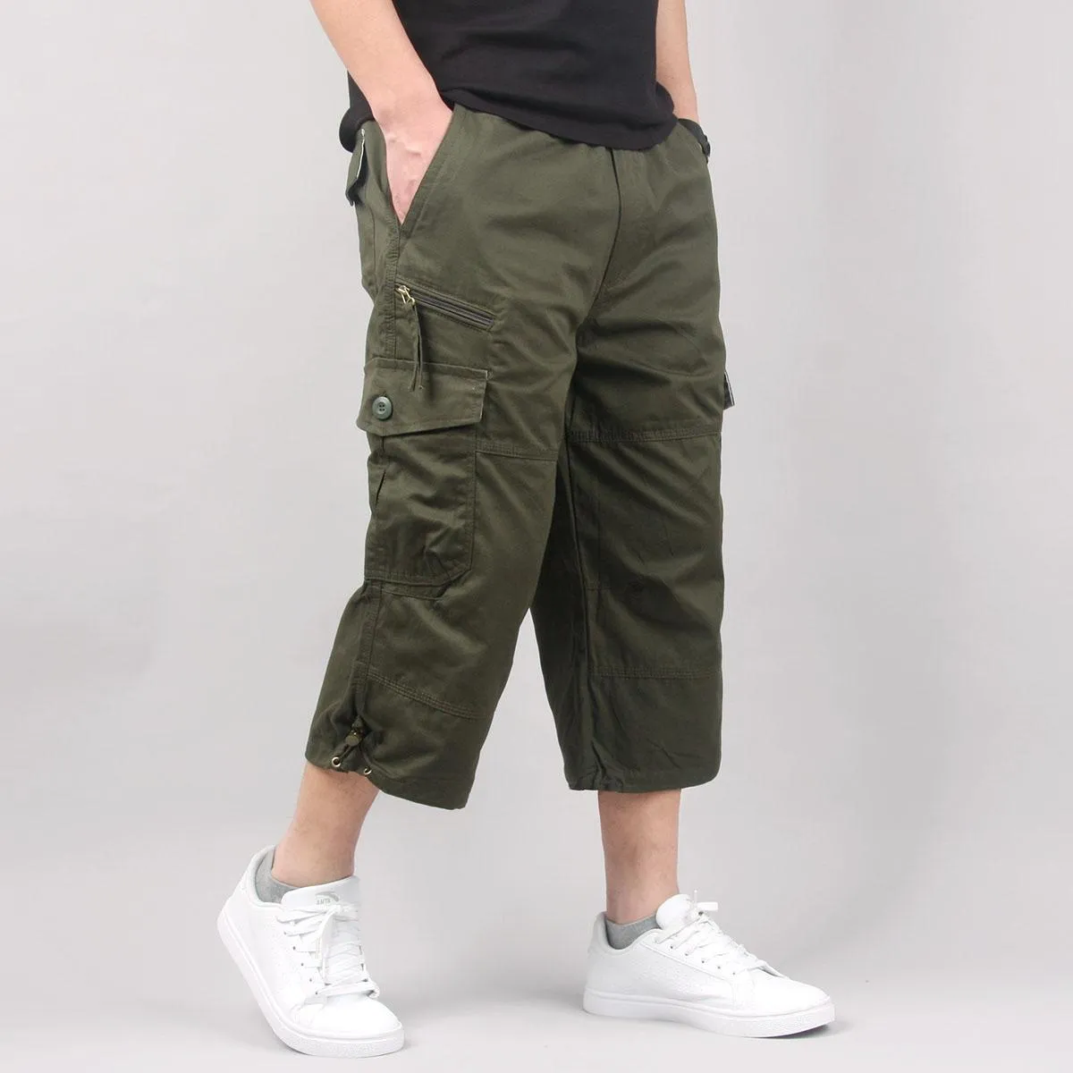 Men's cotton cropped casual pants in khaki colour with loose fit for sports activities