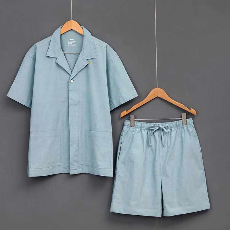 Pure cotton plaid pajamas for couples with square collar short sleeves in dark gray blue and pink