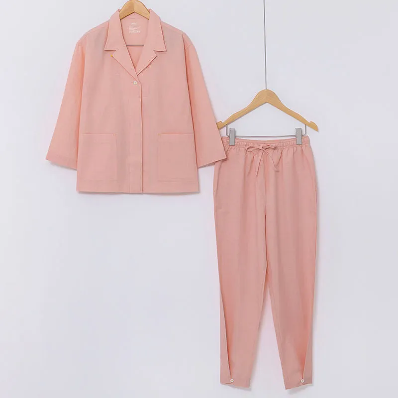 Pure cotton plaid pajamas for couples with square collar short sleeves in dark gray blue and pink