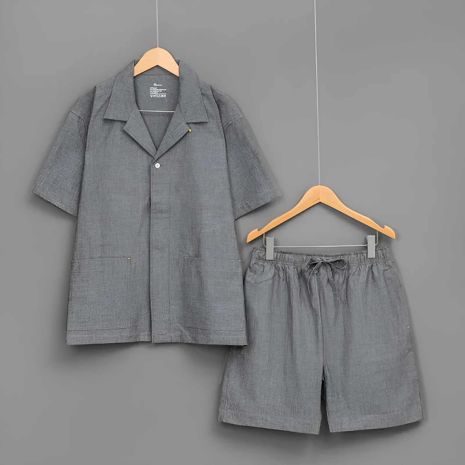 Pure cotton plaid pajamas for couples with square collar short sleeves in dark gray blue and pink