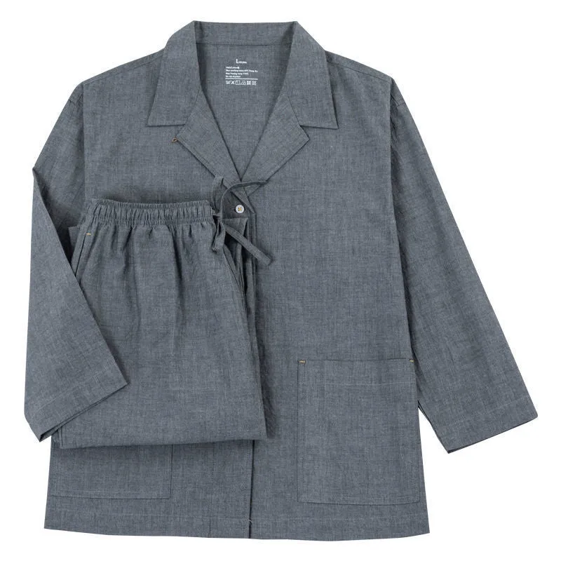 Pure cotton plaid pajamas for couples with square collar short sleeves in dark gray blue and pink