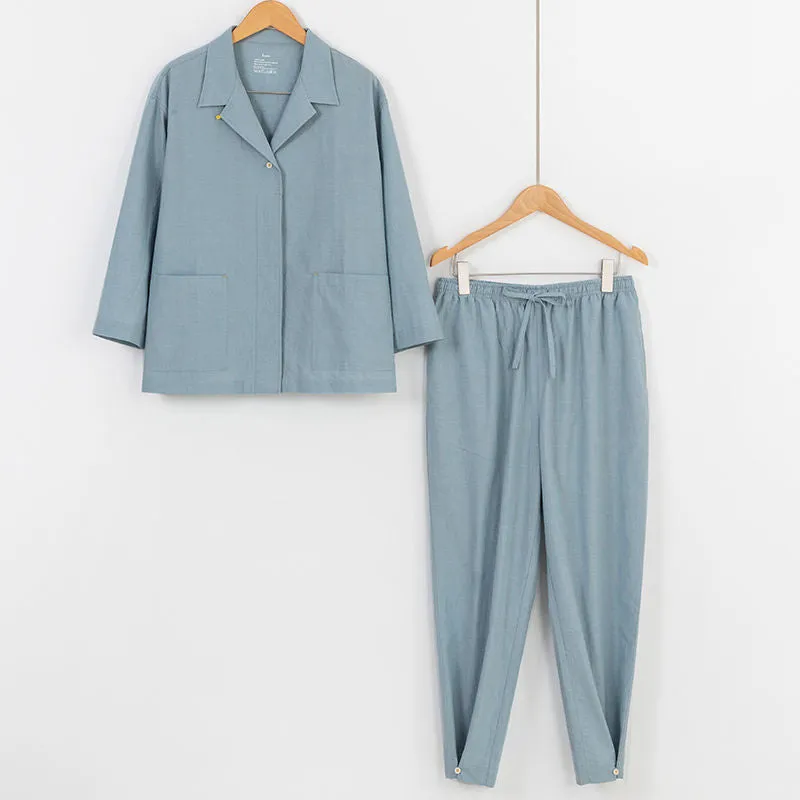 Pure cotton plaid pajamas for couples with square collar short sleeves in dark gray blue and pink