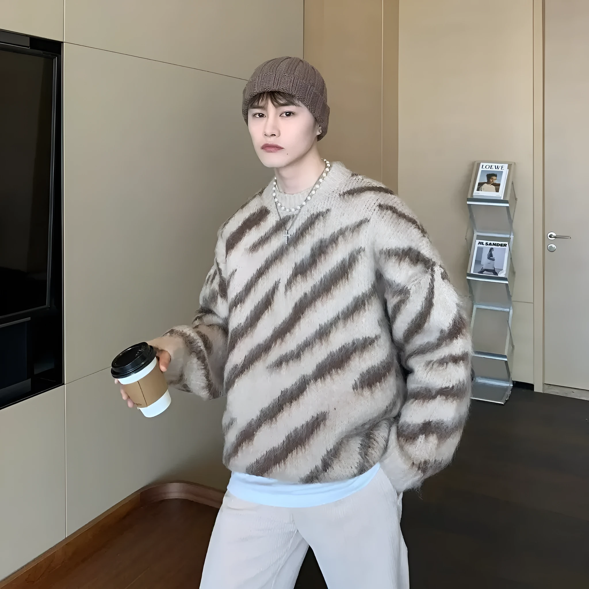 Zebra stripe retro cardigan men's loose knit sweater in cotton blend, gray colour, long sleeves