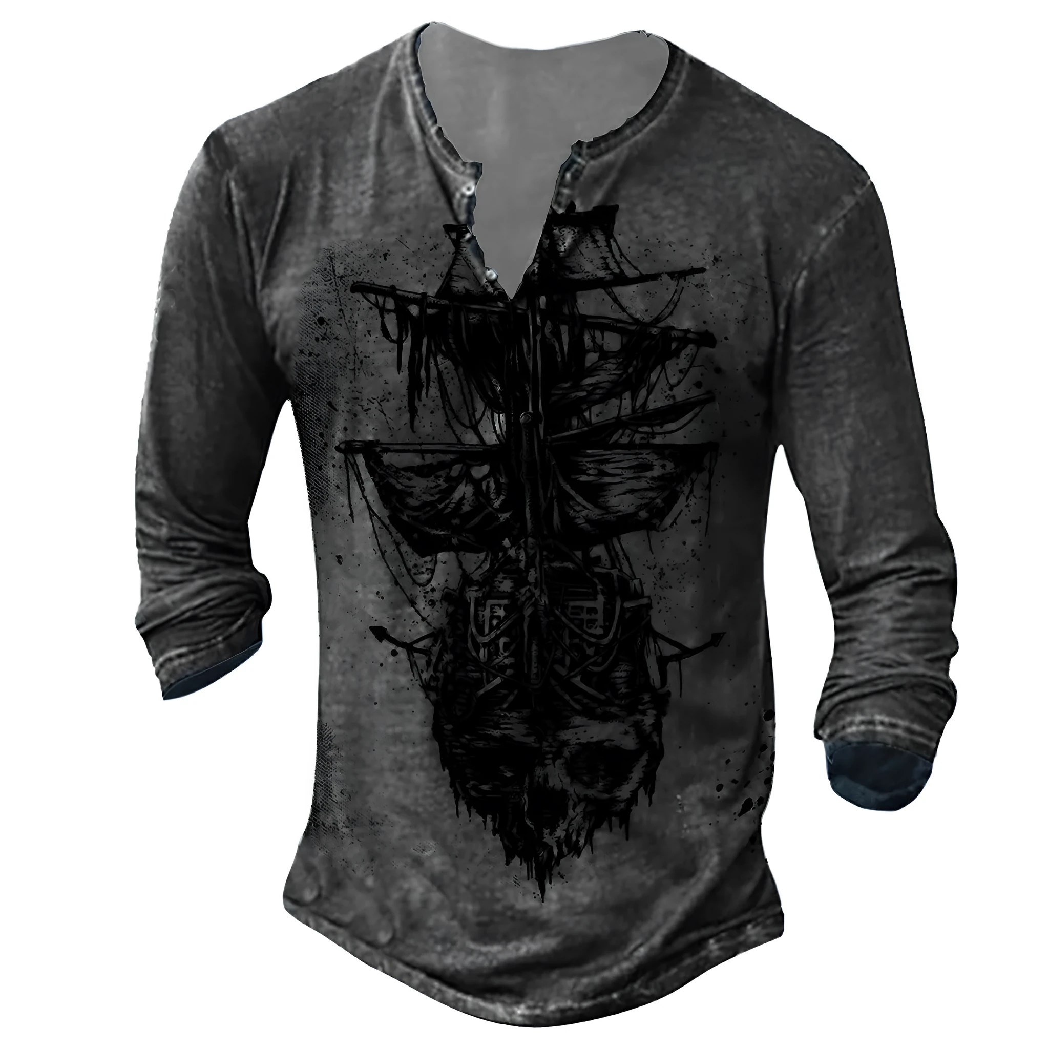 Men's casual 3D digital print long sleeve V-neck T-shirt in polyester Birdseye fabric, colour 7KCT1161, shown flat