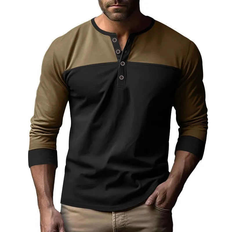 Men's solid colour Henry collar long sleeve casual shirt in beaded twill fabric