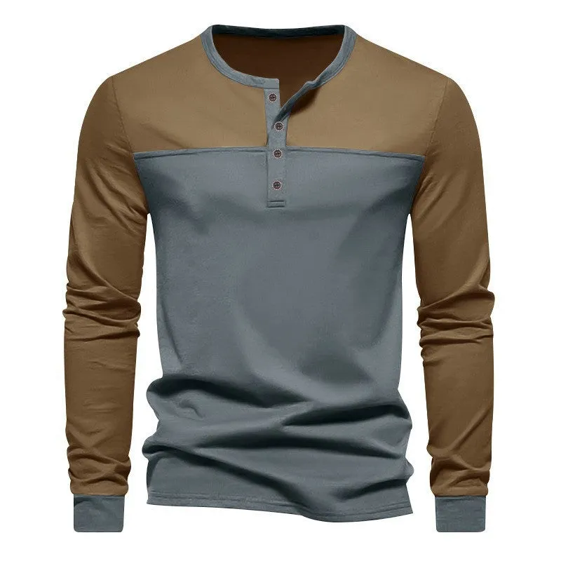 Men's solid colour Henry collar long sleeve casual shirt in beaded twill fabric