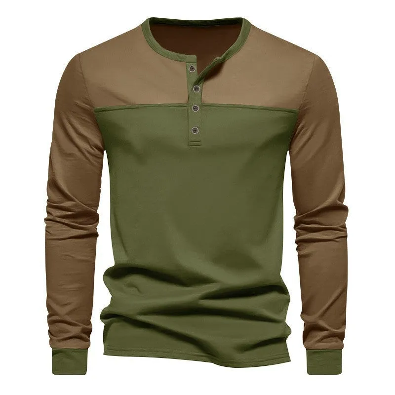 Men's solid colour Henry collar long sleeve casual shirt in beaded twill fabric
