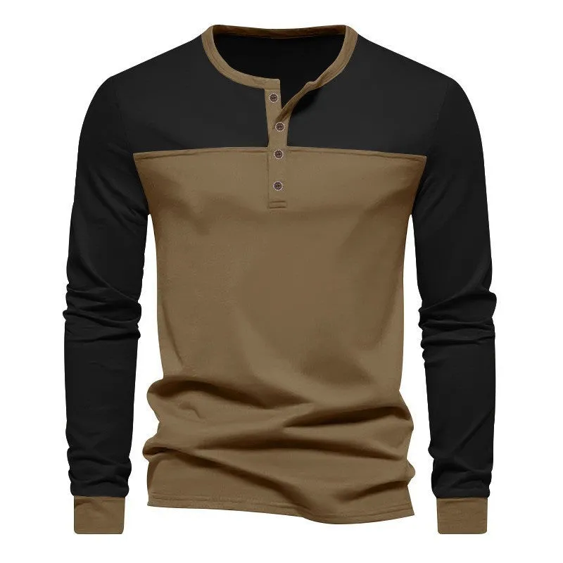 Men's solid colour Henry collar long sleeve casual shirt in beaded twill fabric