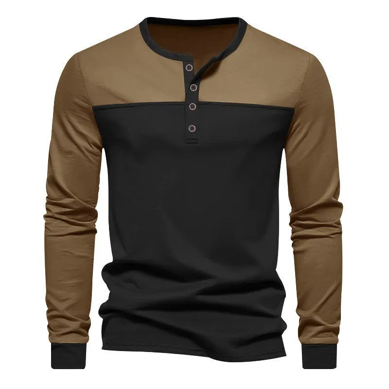 Men's solid colour Henry collar long sleeve casual shirt in beaded twill fabric