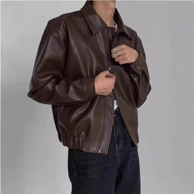 Korean-style brown PU leather jacket with straight hem, shown front view, available in sizes M to XXL