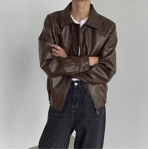 Korean-style brown PU leather jacket with straight hem, shown front view, available in sizes M to XXL