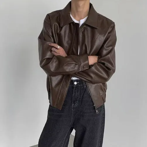 Korean-style brown PU leather jacket with straight hem, shown front view, available in sizes M to XXL