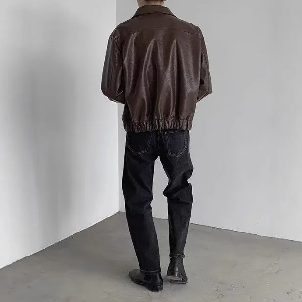 Korean-style brown PU leather jacket with straight hem, shown front view, available in sizes M to XXL
