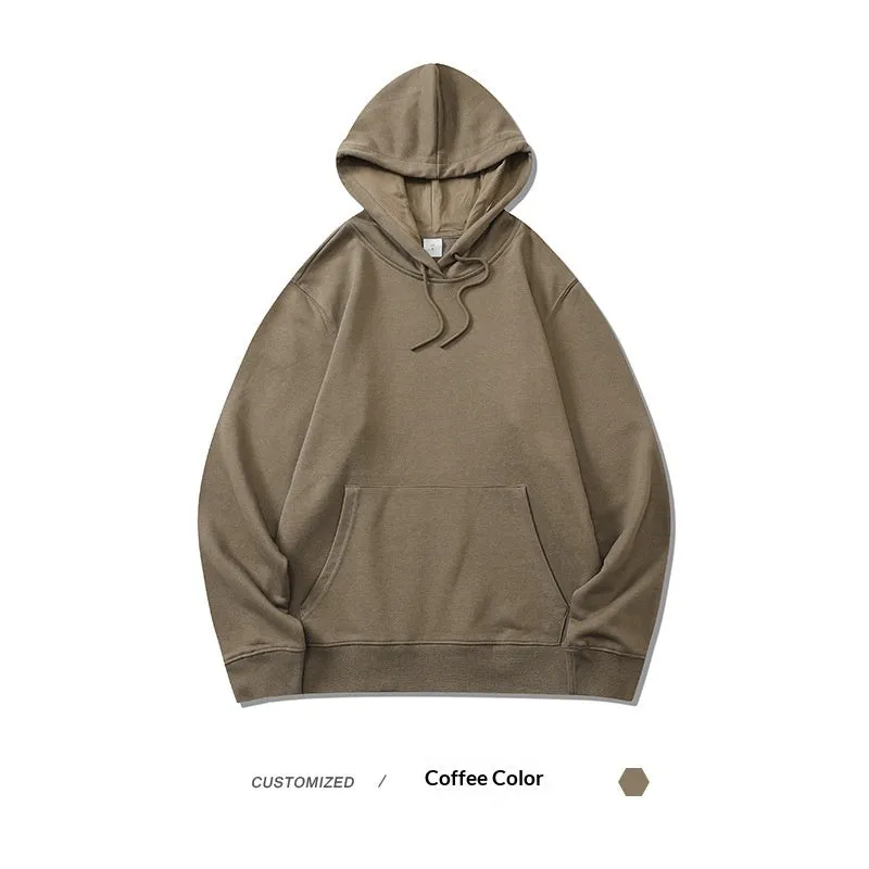 Men's loose fit cotton hooded pullover sweatshirt in beige with front 3D patch pocket, solid colour long sleeve top for daily wear