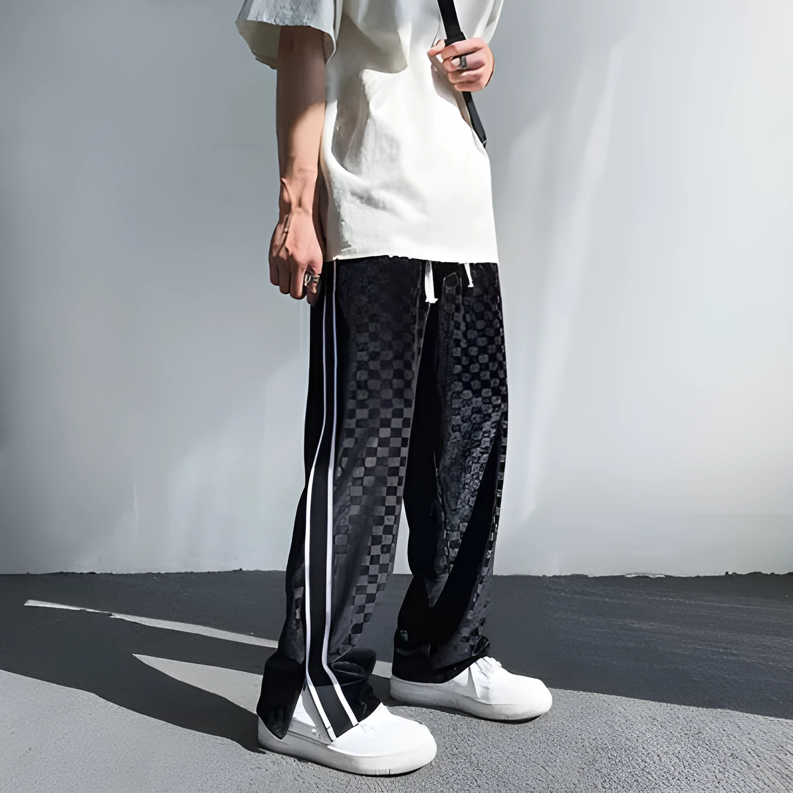 Falling Sense straight loose fit wide leg casual polyester trousers in grey, front view